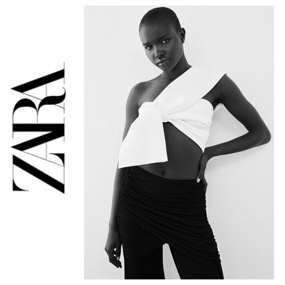 NWT Zara Blogger’s Favorite Asymmetric Bow Top in White, Size Medium - Picture 1 of 16